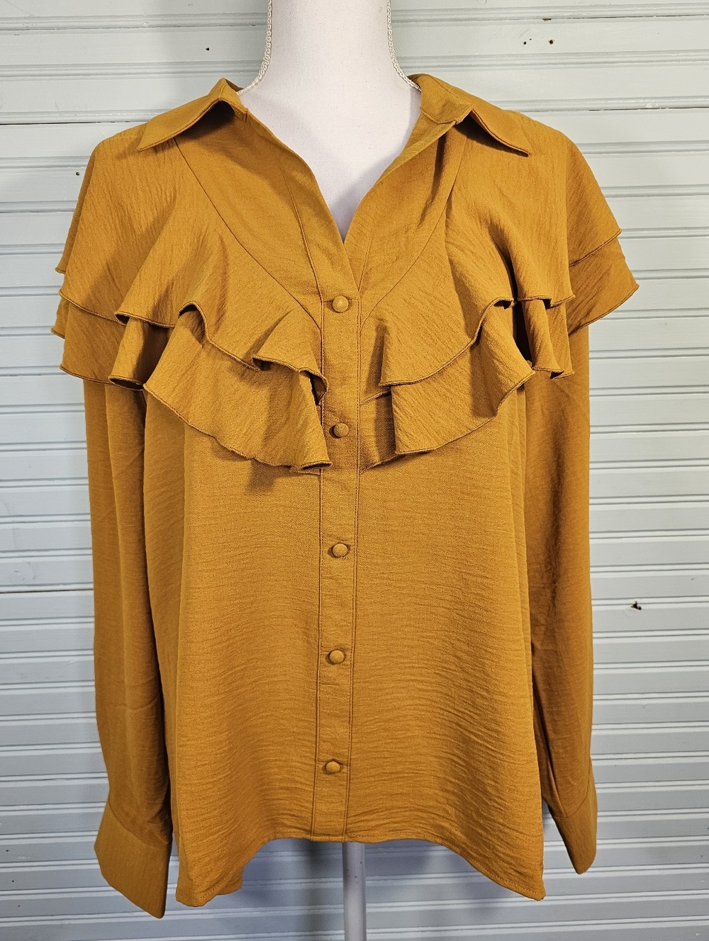 Cato Long Sleeved Double Ruffle Mustard Yellow Silky Button Down Blouse Size XL